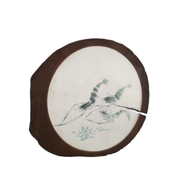FixtureDisplays® Wall Art Wood tree slice trunk art wall picture Chinese water color Shrimp painting 21467-8