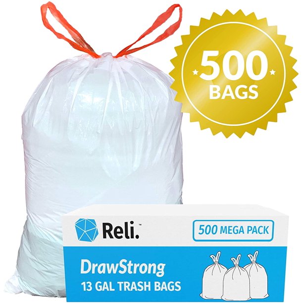 Reli. Tall Kitchen Trash Bags 13 Gallon Drawstring (500 Bags) Tall