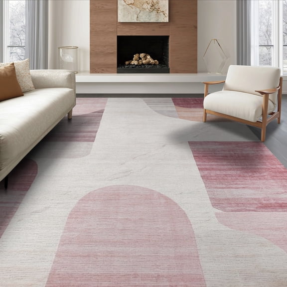 ODIKA 8'x10' Washable Area Rug Pink Abstract Interlocking Shapes Minimalist Watercolor Brushstroke for Dining Room, Large Office, Lounge, Non-Slip Chair-Friendly Mat