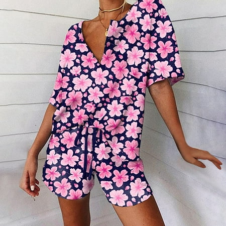 

WHLBF Plus Size Summer Suit for Women Loose Fitting Pajama Set Drawstring Shorts Set Purple 10(XL)