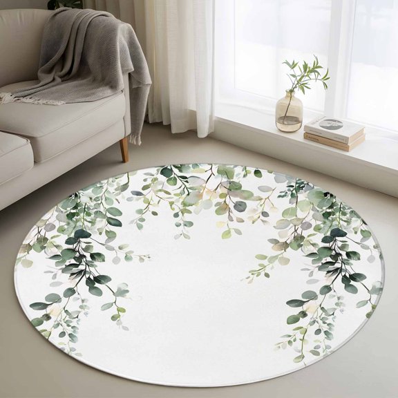 Eucalyptus Leaves Round Area Rug 4 FT, Non Slip Indoor Outdoor Rug, Spring Sage Green Summer Botanical Washable Soft Circular Carpet Non-Shedding Floor Mat for Coffee Table Nursery Foyer Balcony