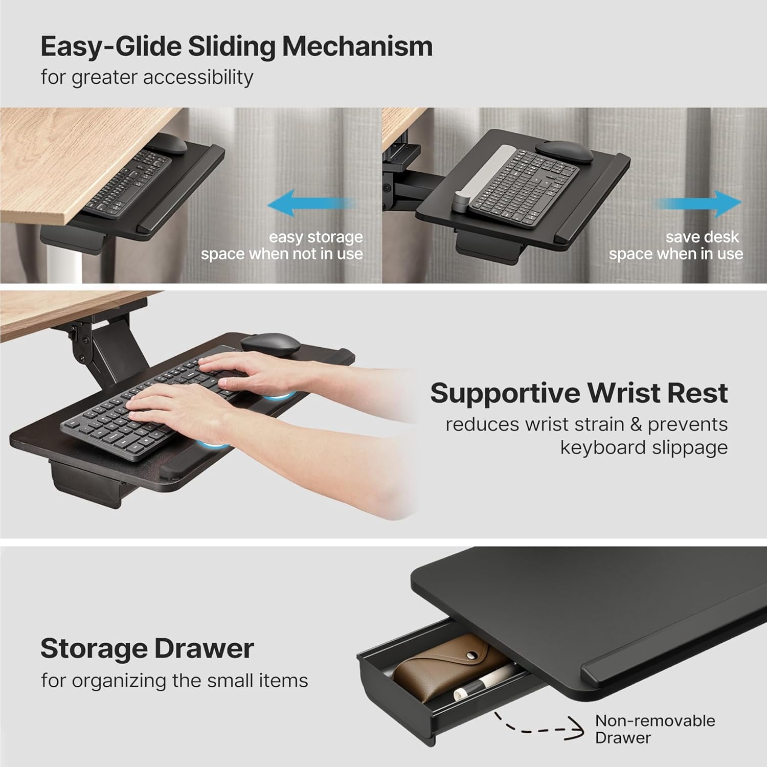 Keyboard Tray Under Desk with Storage Drawer, Height Adjustable Keyboard Tray Slide Out Swivel Tilt, Ergonomic Under Desk Mount Keyboard & Mouse Holder for Gaming Home Office, 25x11'', Black