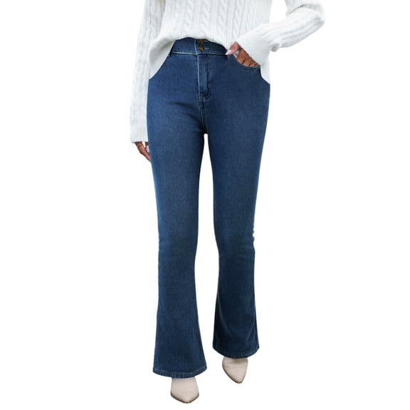 EHQJNJ Button Fly Jeans for Women Womens Pull On Jeans Women's Boot Cut Jeans High Waisted Elastic Brushed Lined Pants Flare Jeans Jeans Thermal Pants Winter Clothing