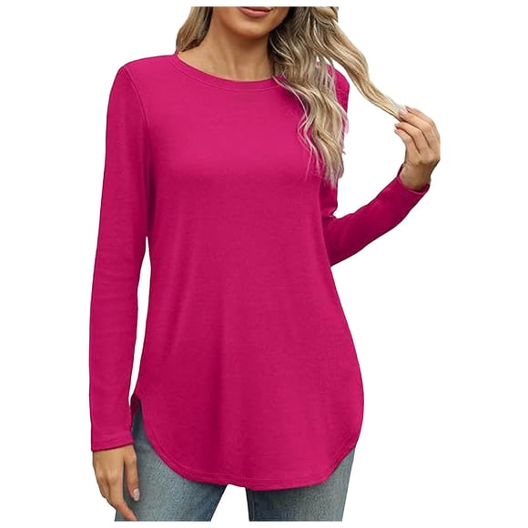 2DXuixsh Womens Shirts Simple Women's Long Sleeve Round Neck Shirt Side Slits Basic Loose Long Top Casual Comfy Tee Lightweight Workout T Shirts Hot Pink Size M