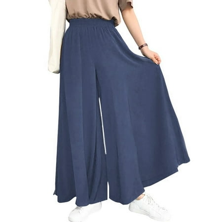 LUXUR Women Solid Color Long Pants Casual Summer Palazzo Pant Blue L 