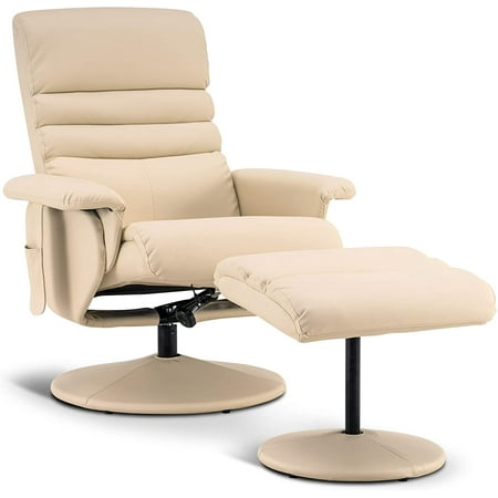 Mcombo Recliner with Ottoman, Reclining Chair with Massage, 360 Swivel Living Room Chair Faux Leather, 7902-Cream White