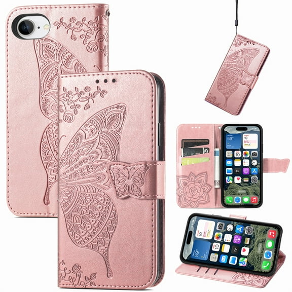 Allytechgroup for iPhone 16e Flip Wallet Case, Luxury PU Leather [Butterfly & Flower Embossed] Magnetic Clasp Stand Case Built-in Card Slots & Cash Pocket, Shockproof Wrist Strap Case, Rosegold