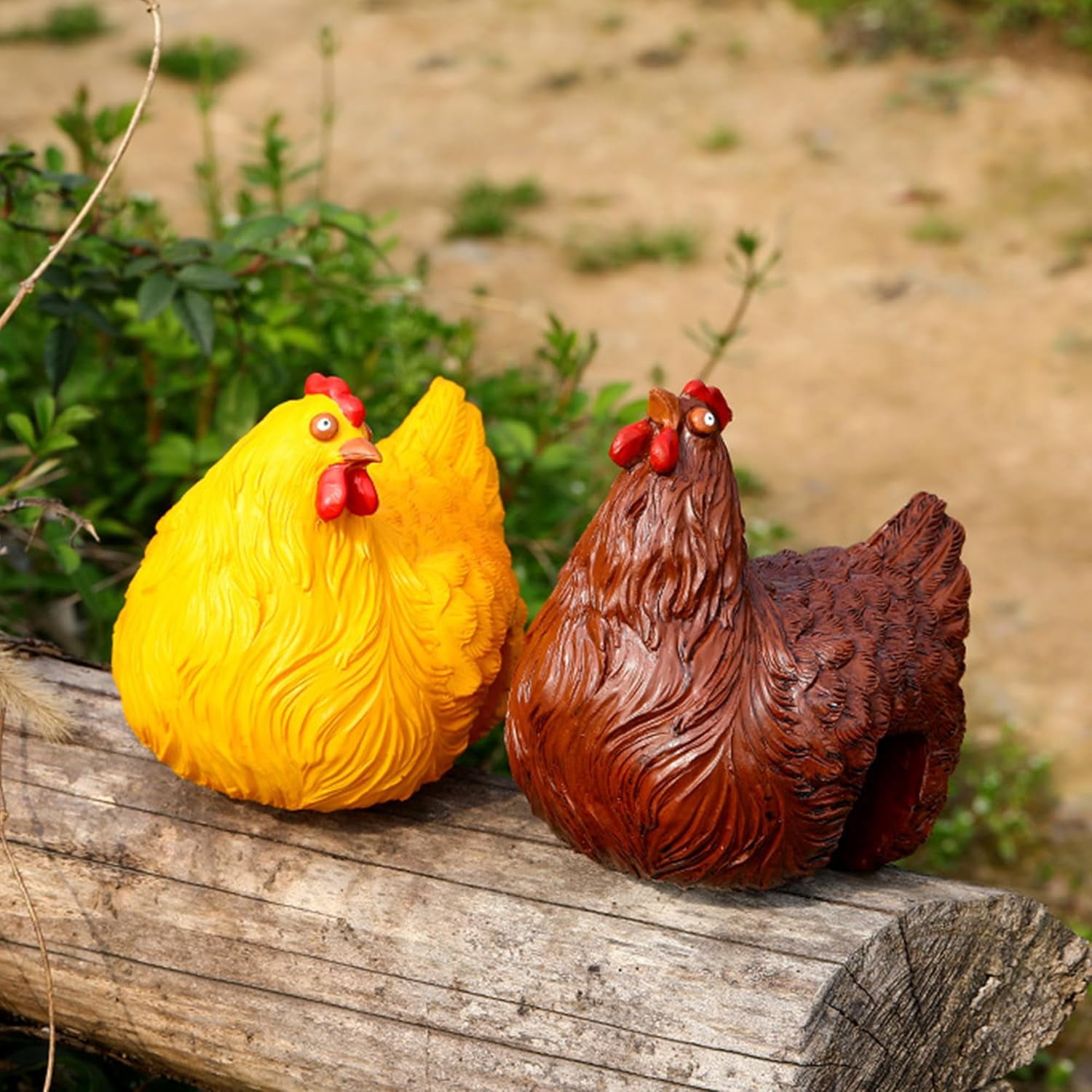 Chickens Statue Funny Yard Decor:Resin Chicken Figurines,Tree Fence Decorations Outdoor,Chicken Decorations for Garden,Farm,Patio,Backyard (Yellow)