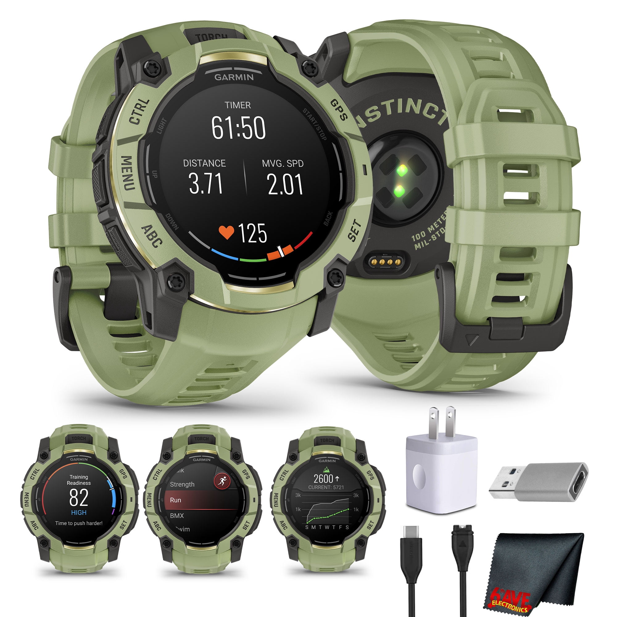 Garmin Instinct 3 - 50 mm, Rugged Outdoor GPS Smartwatch, 24 Day Battery, AMOLED Display, Built-in Flashlight, Alpine Rush Collection Limited Edition Color, Fern Green with Fern Green Band Bundle