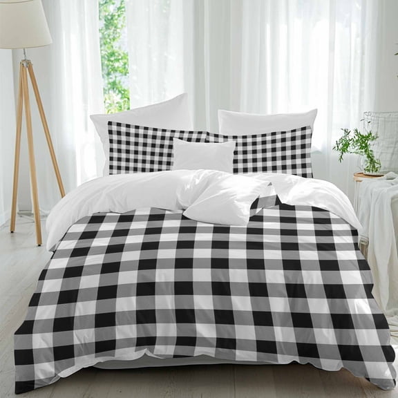3 Piece Farmhouse Checkered Duvet Cover Set Full Size, Microfiber Comforter/Quilt Cover with Corner Ties and 2 Pillowcases, Black White Buffalo Plaid All Season Soft Bedding with Zipper Closure