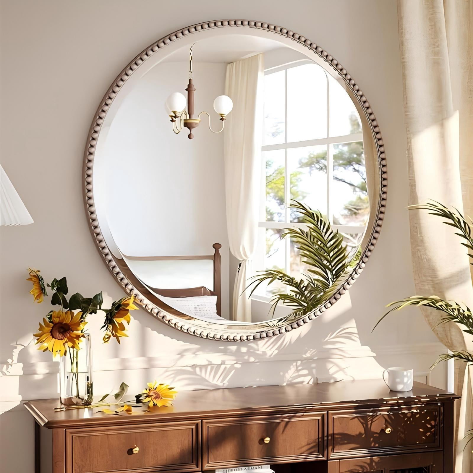 Mirrasia 24" Round Wall Mirror Decoration Hanging Mirror With Beaded Frame,Silver