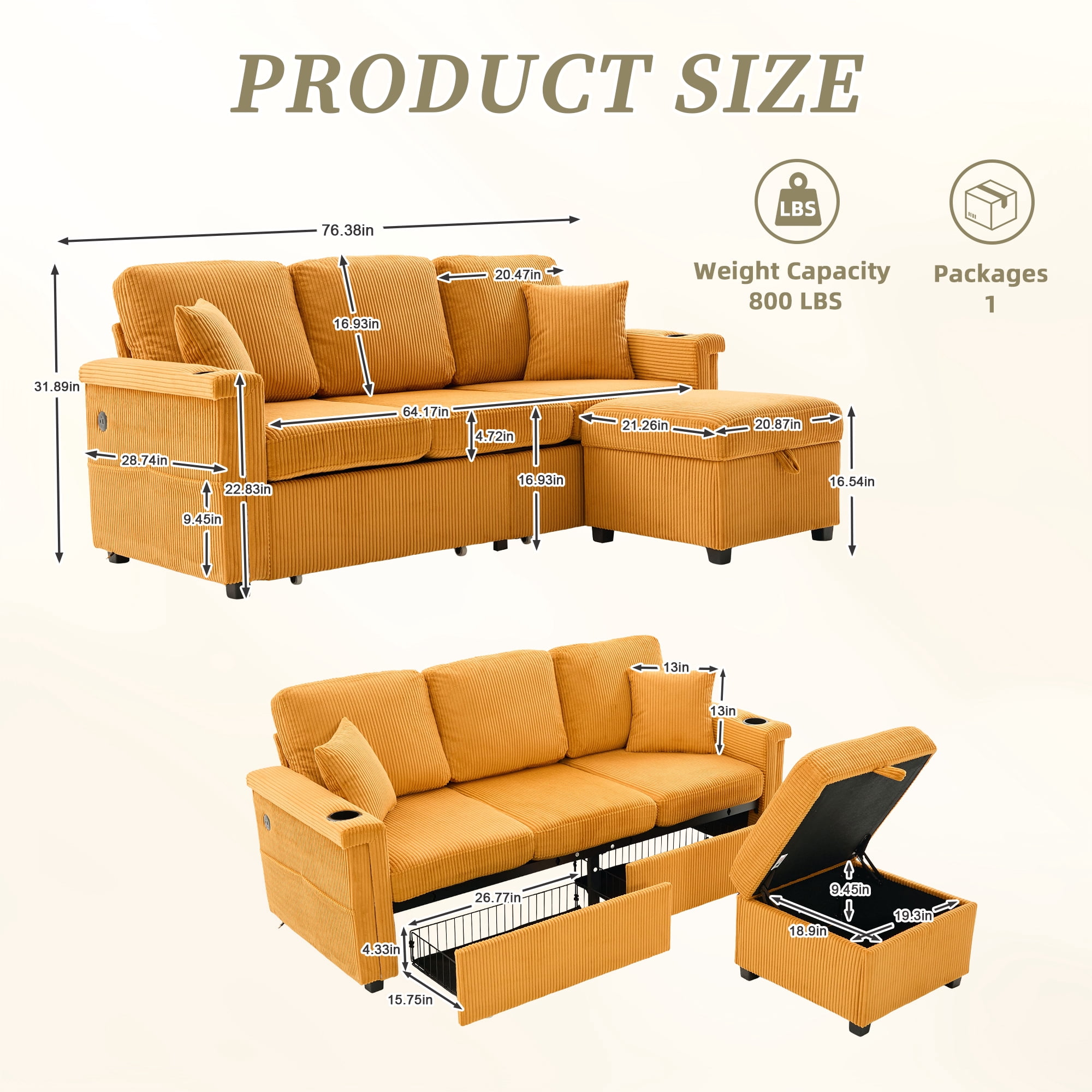 MOONMISS Corduroy Upholstered L-shaped Pull-Out Storage Sectional Sofa with Storage Ottoman,USB Charging,Cup Holder-Yellow