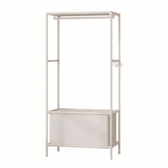 Freestanding Garment Rack with Fabric Storage Bin, Single Rod Clothes Organizer Rack with Side Hooks, Open Wardrobe Alternative for Bedroom, Entryway & Apartment Closet