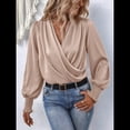 thumbnail image 4 of Camisa Elegante de Color Liso con Escote en V y Mangas Farol para Mujer Albaricoque M, 4 of 9