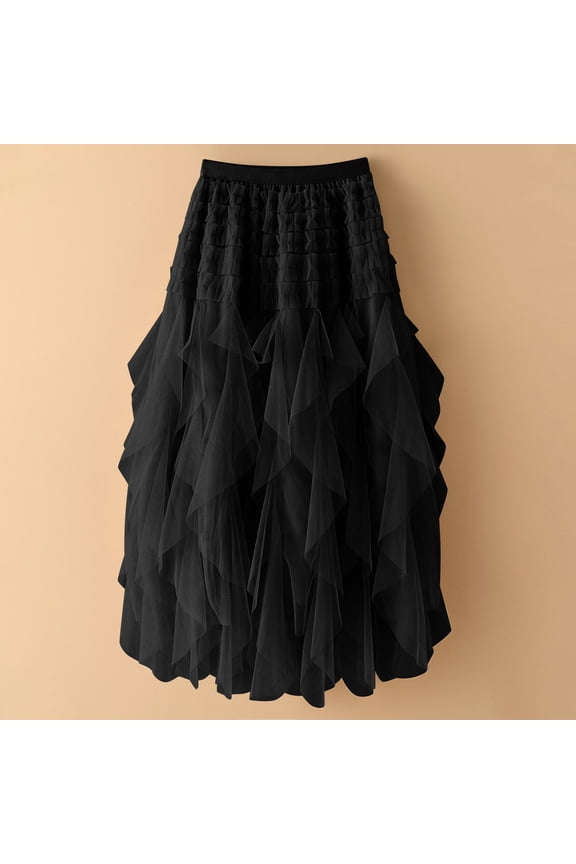 Midi Tulle Ruffle Edge Skirts for Women Length Irregular Hemline Elastic Waist Solid Color Tulle Skirt Black Free Size