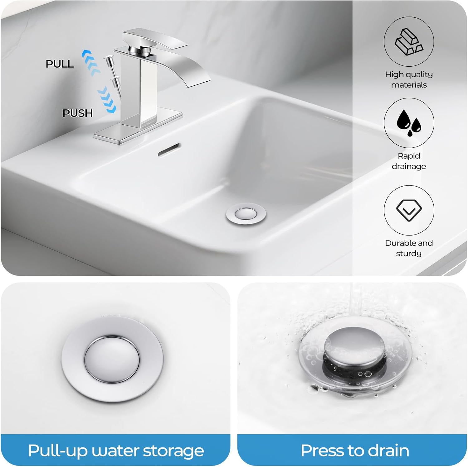 Chrome Bathroom Faucet with Lift Rod Drain, Waterfall Bathroom Sink Faucet Modern Single Handle Bathroom Faucte 1 or 3 Hole, RV Mixer Tap Vanity Faucet Washbasin Faucet with Deck