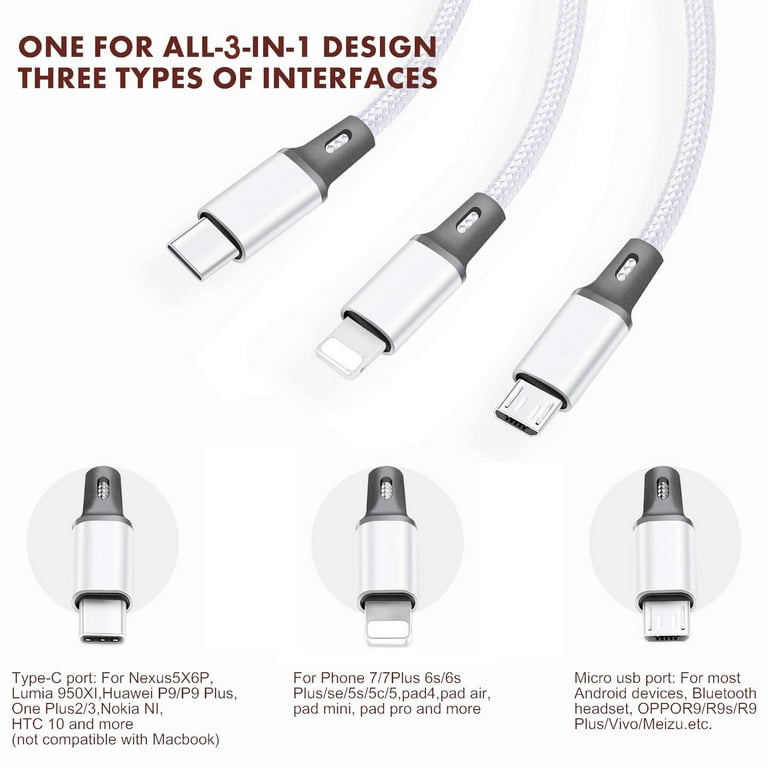 6 in 1 Multi Charging Cable 2Pack 4ft Multi USB Universal Phone Charging  Cable, USB A/C to Phone USB C Micro USB Lightning Connector Nylon Braided  Charging Cord Compatible with iPhone/Samsung-Black 