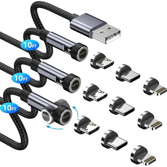 540 ° rotation magnetic charging cable, 3A fast charging magnetic phone charger [3-pack 10ft] 3 in 1 magnetic USB cable support data transfer magnet charger cable for iProduct/Micro USB/Type C device