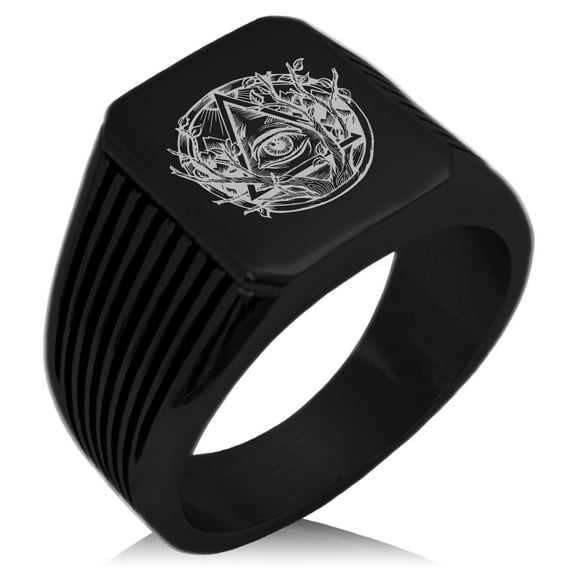 Stainless Steel Rootless All Seeing Eye Needle Stripe Pattern Biker Style Polished Ring