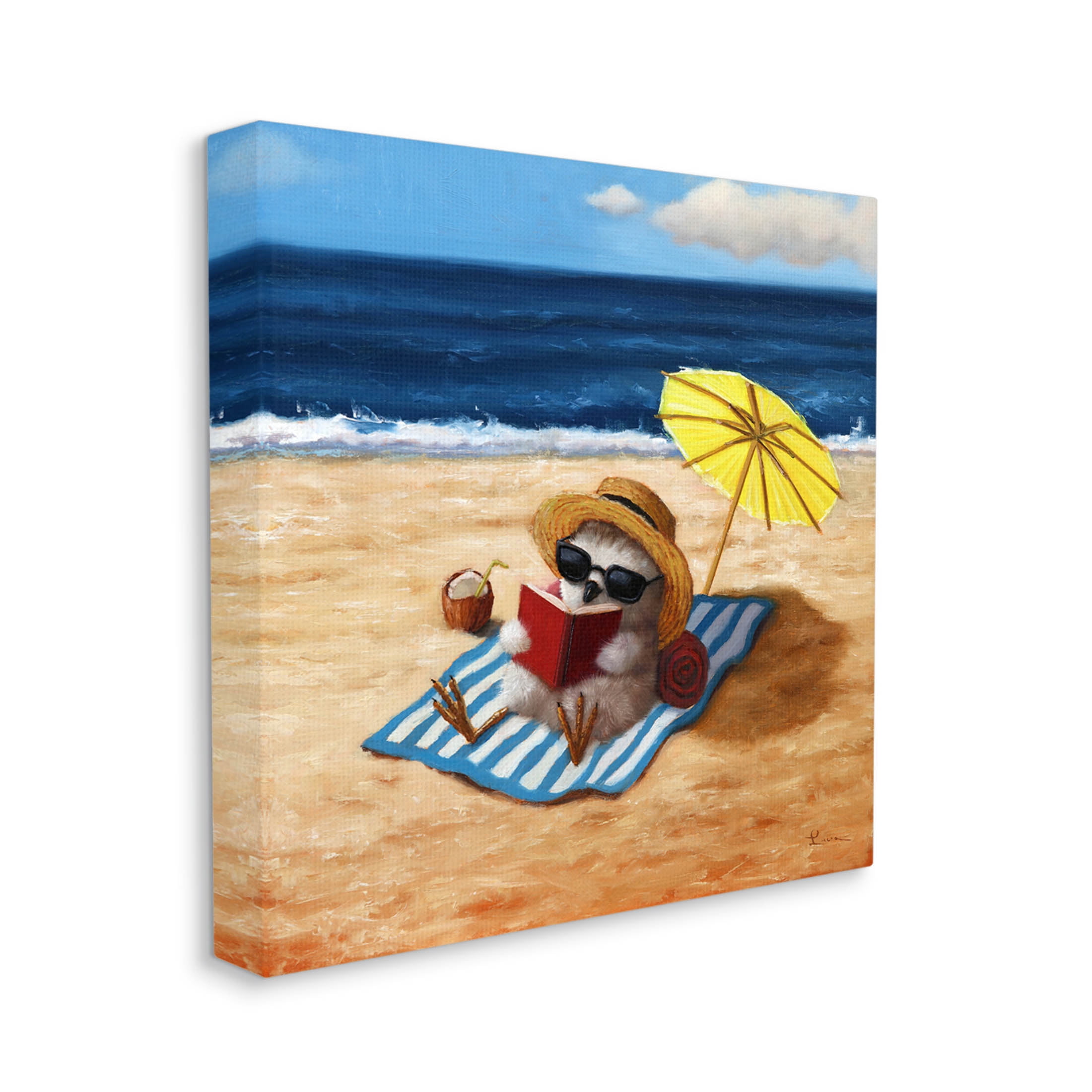 Bird Sunbathing Reading Beach Animals & Insects Painting Gallery Wrapped Canvas Print Wall Art