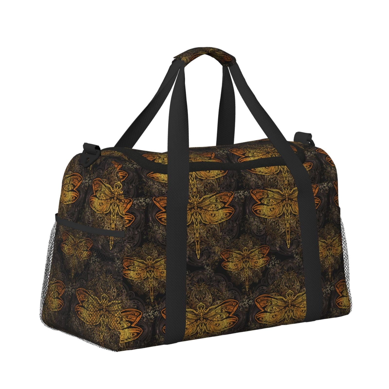 Fuzoiu Gold Dragonfly Mandala Print Travel Duffle Bag,Carry On Tote Bags,Duffel Bag,Sport Gym Bag, Hospital Bag for Labor and Delivery, Overnight Bag,Luggage Bag