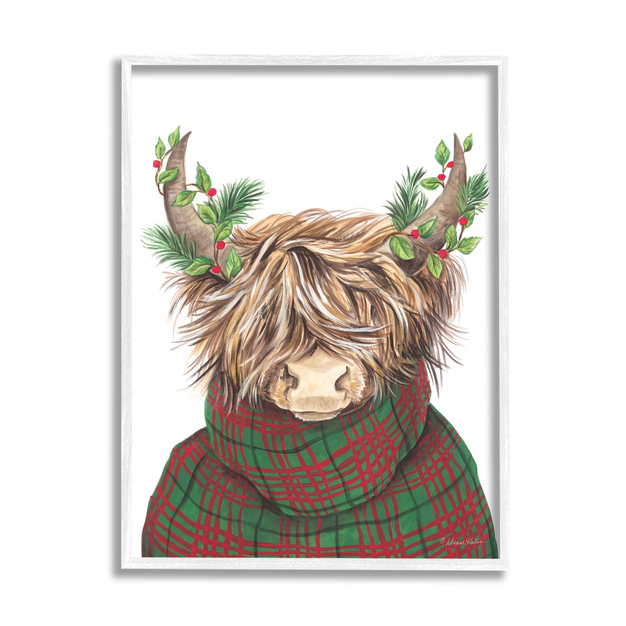Stupell Industries Christmas Plaid Sweater Highland Cattle Festive Long Horns, 11 x 14,Design by Diane Kater