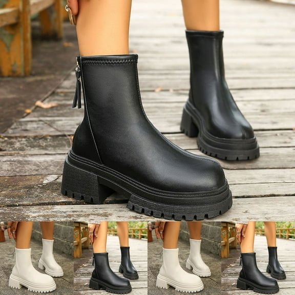 Miluxas Women's Leather Platform Heel Chelsea Boots Classic Round Toe Back Zipper Low Chunky Heel Non-Slip Lug Sole Fashion Ankle Booties Black 9(42)