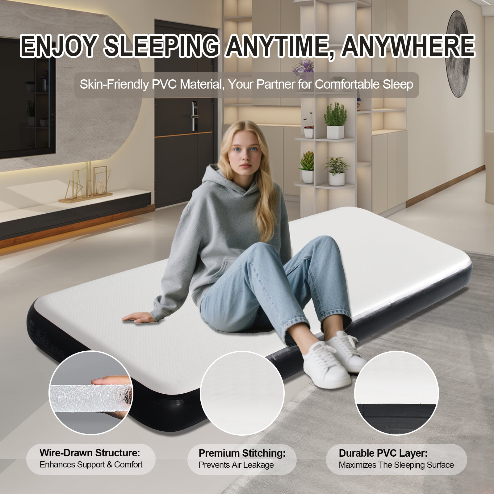 OZVMZQ Twin Size Inflatable Air Bed Mattress, 6'' Elevated Pad, with Pump, White, Hypo-Allergenic, Portable, Outdoor Camping Mat
