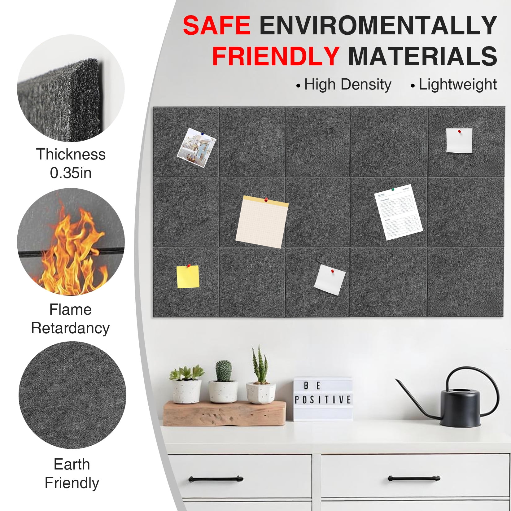 15 Pack Felt Bulletin Board Tiles, 11.8 x 11.8 inch Self-Adhesive Pin Board Panels with 30 Push Pins, Thick 0.35 inch Sound Absorbing Wall Tiles for Office, Home & Classroom, Dark Gray