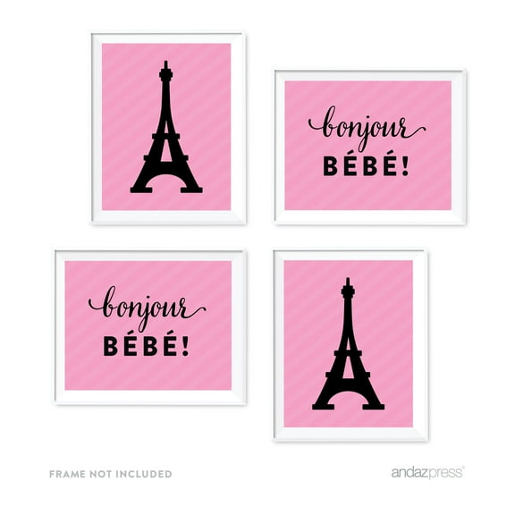Paris Bonjour Bebe Girl Baby Shower Party Signs & Graphic Decorations, 4-Pack