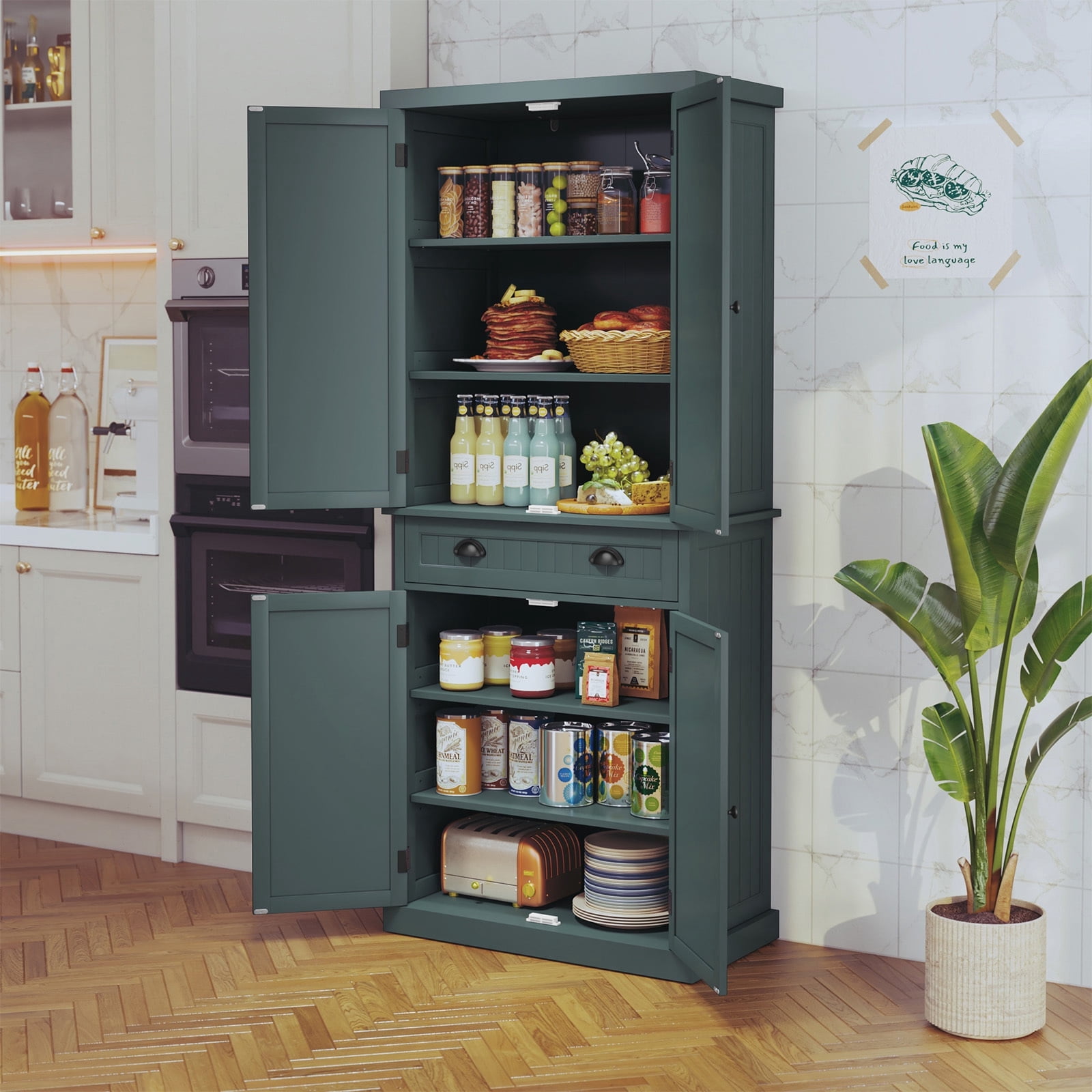HLR 72" Tall Kitchen Pantry Cabinet with Drawer & Adjustable Shelves, Freestanding Storage Cabinet, Green