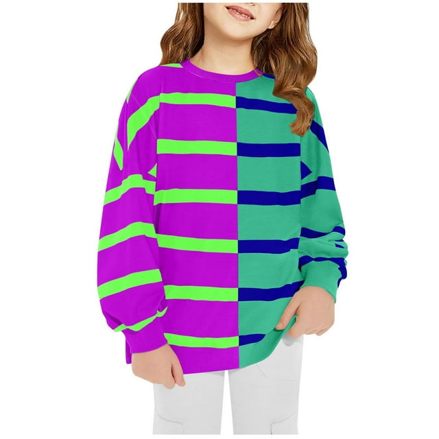 HAiming Girls Pullover Sweatshirts Trendy Color Block Striped Round Neck Long Sleeve Tops Fall Winter Casual Blouses