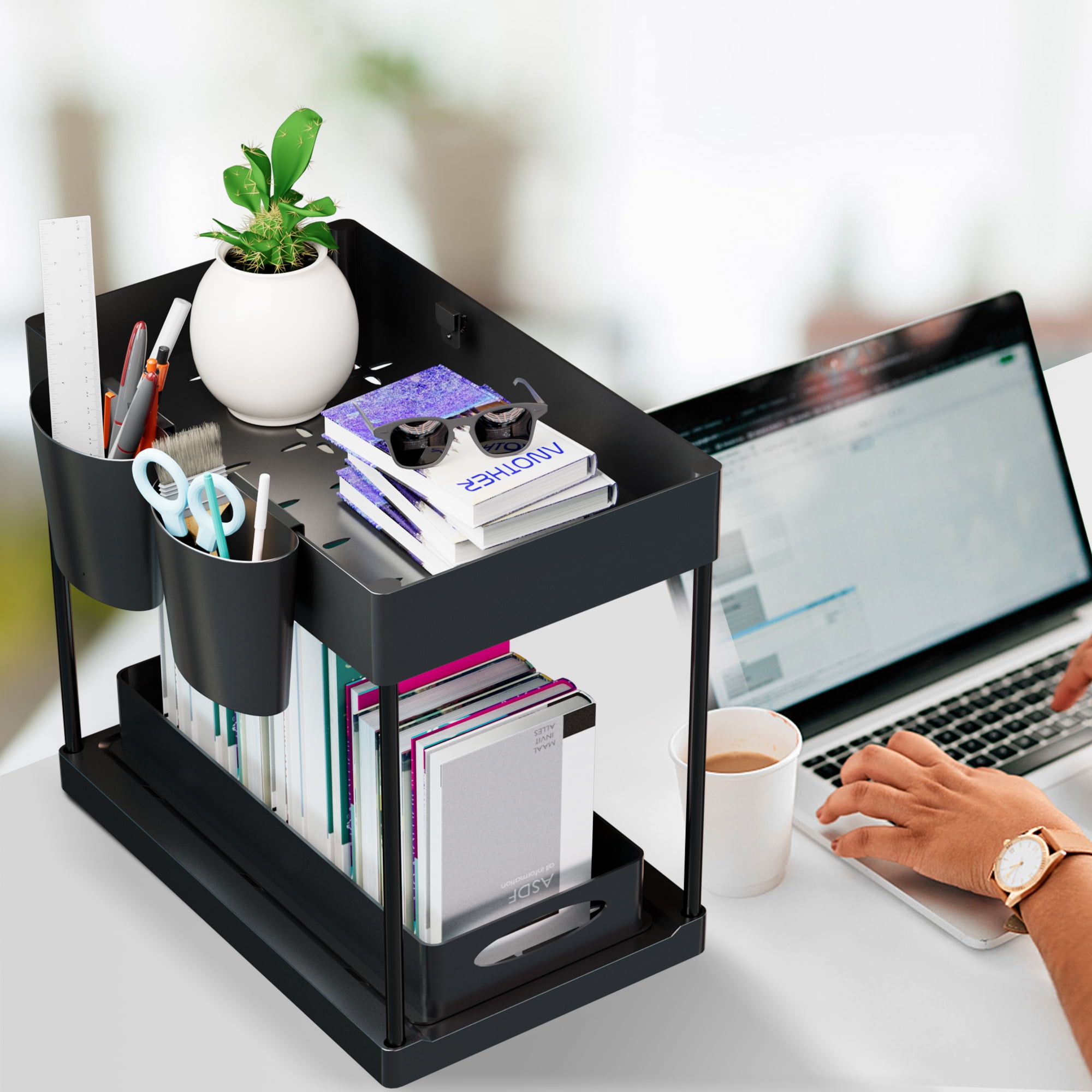 Under Sink Organizer, 2 Tier Sliding Cabinet Basket Organizer Drawer with 4 Hooks, 2 Hanging Cups, Basket Hollow Design, Multi-Purpose for Bathroom Kitchen Under Bathroom Sink Organizer - Black