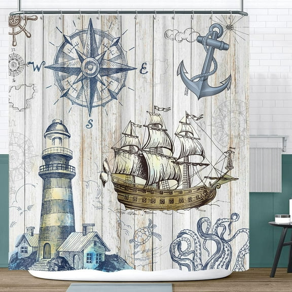 Nautical Beach Shower Curtain, Sailboat Lighthouse Compass Anchor Decorative Ocean Coastal Theme Shower Curtain For Bathroom, Farmhouse Nautical Polyester Fabric Shower Curtains With 12 Hooks, 72X72
