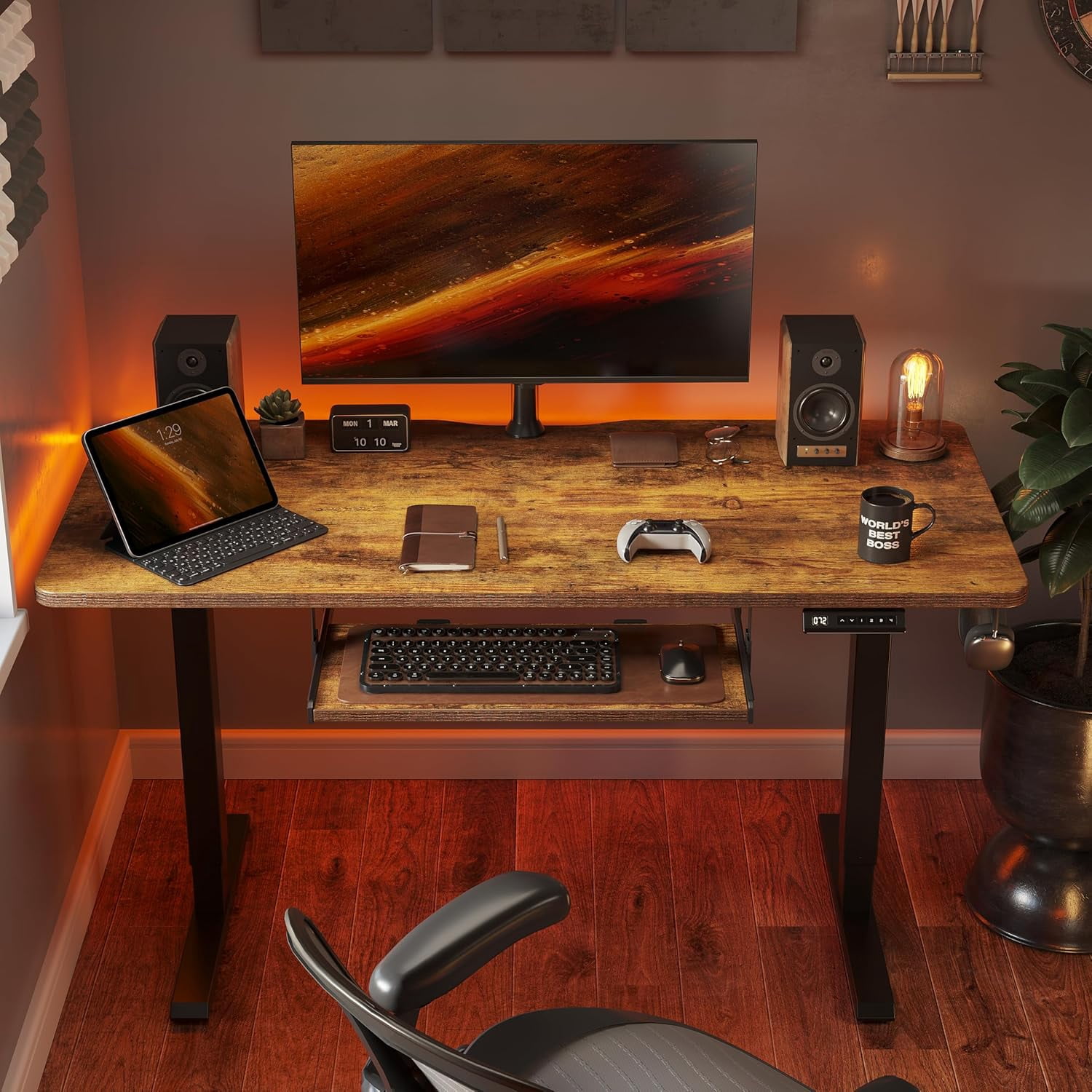 DESINO Standing Desk with Keyboard Tray, 63 x 24 inch Height Adjustable Electric Standing Desk, Sit Stand Up Desk, Computer Office Desk, Rustic Brown