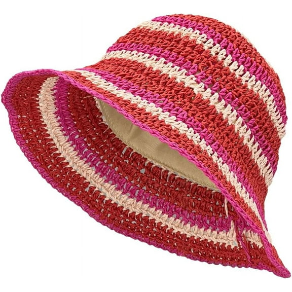 ZhangBaoLin Straw Sun Hat Floral Woven Wide Brim Bucket Beach Hat UV Protection Summer Fishing Hat