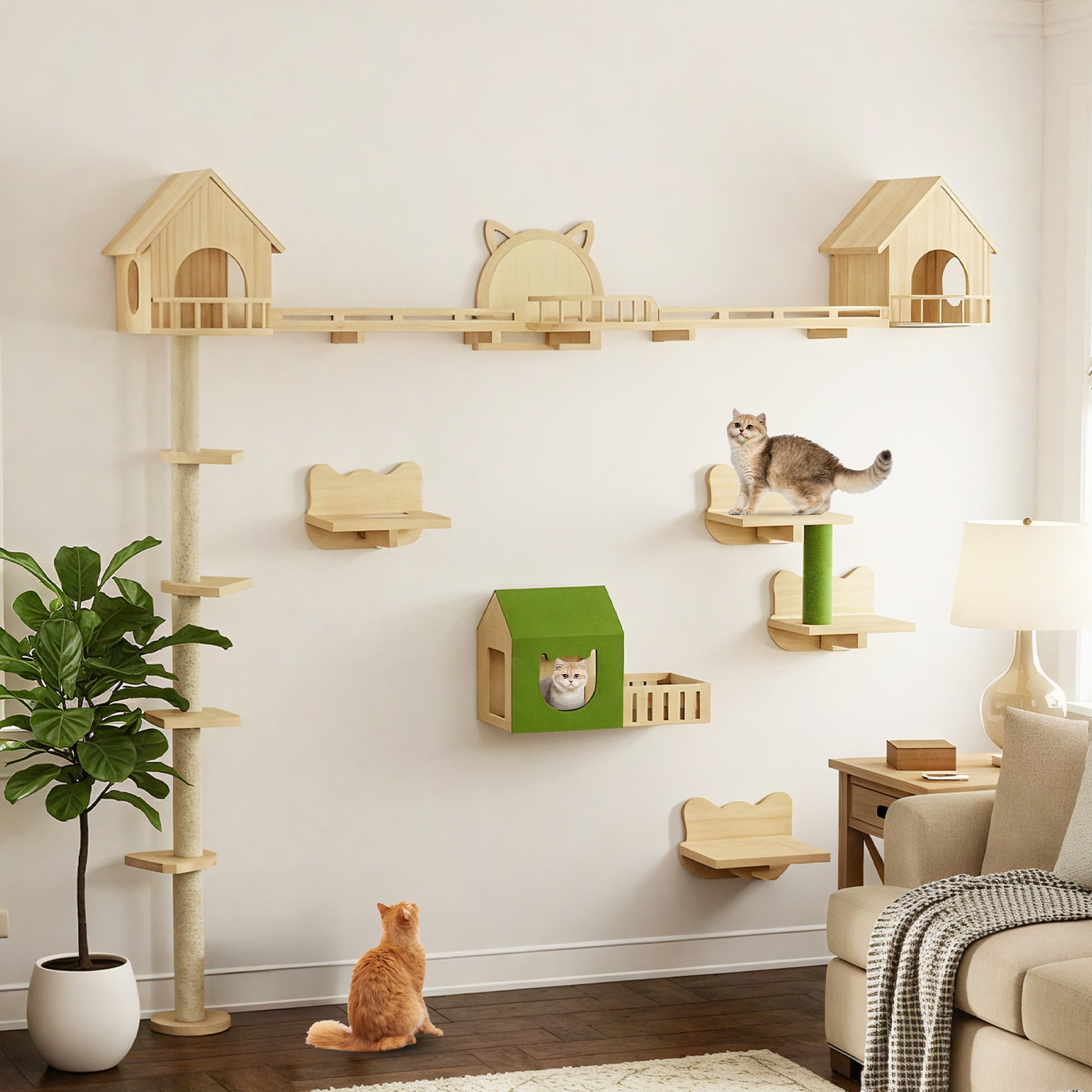 Craftian 21-Piece Cat Wall Shelves Set, Pine Wood Cat Wall Furniture with 3 Houses, 1 Cat Bed, 6 Sisal Posts and 2 Tunnels, Fun Cat Shelves and Perches for Wall, Cat Climbing Shelf and Steps