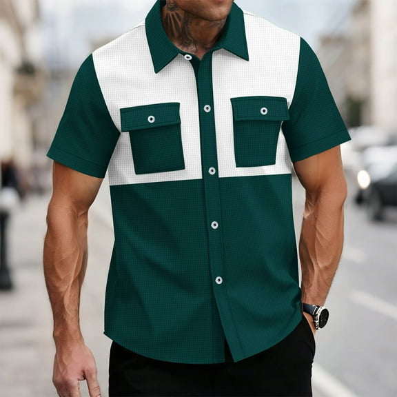 T-shirts for Men Plus Size under $5 Short Sleeved Lapel Color Block Double Pockets Button Shirt Casual Shirt Army Green XXXL