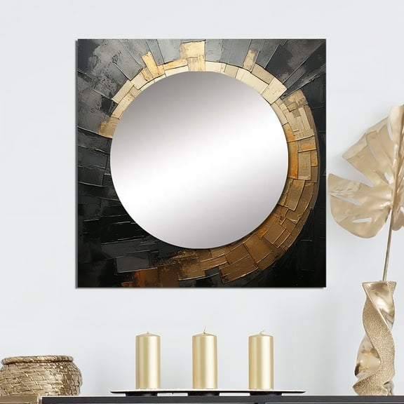Designart "Stylish Black & Gold Pottery Circles" abstract spirals Square Mirror Wall Decor Modern - Large Gold Square Bathroom Mirror - Square Printed Wall Mirror Art