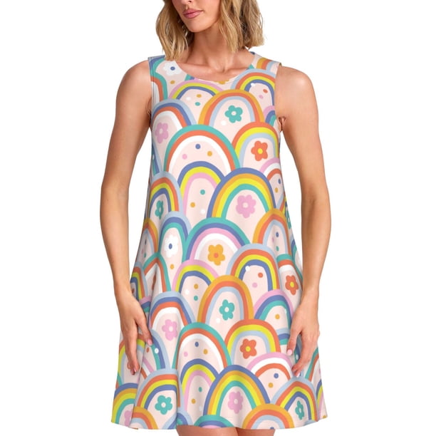 Disketp Rainbow Flowers para Vestido sin Mangas para Mujeres, Vestidos de Verano para Mujeres, Casual y Holgado para la Playa