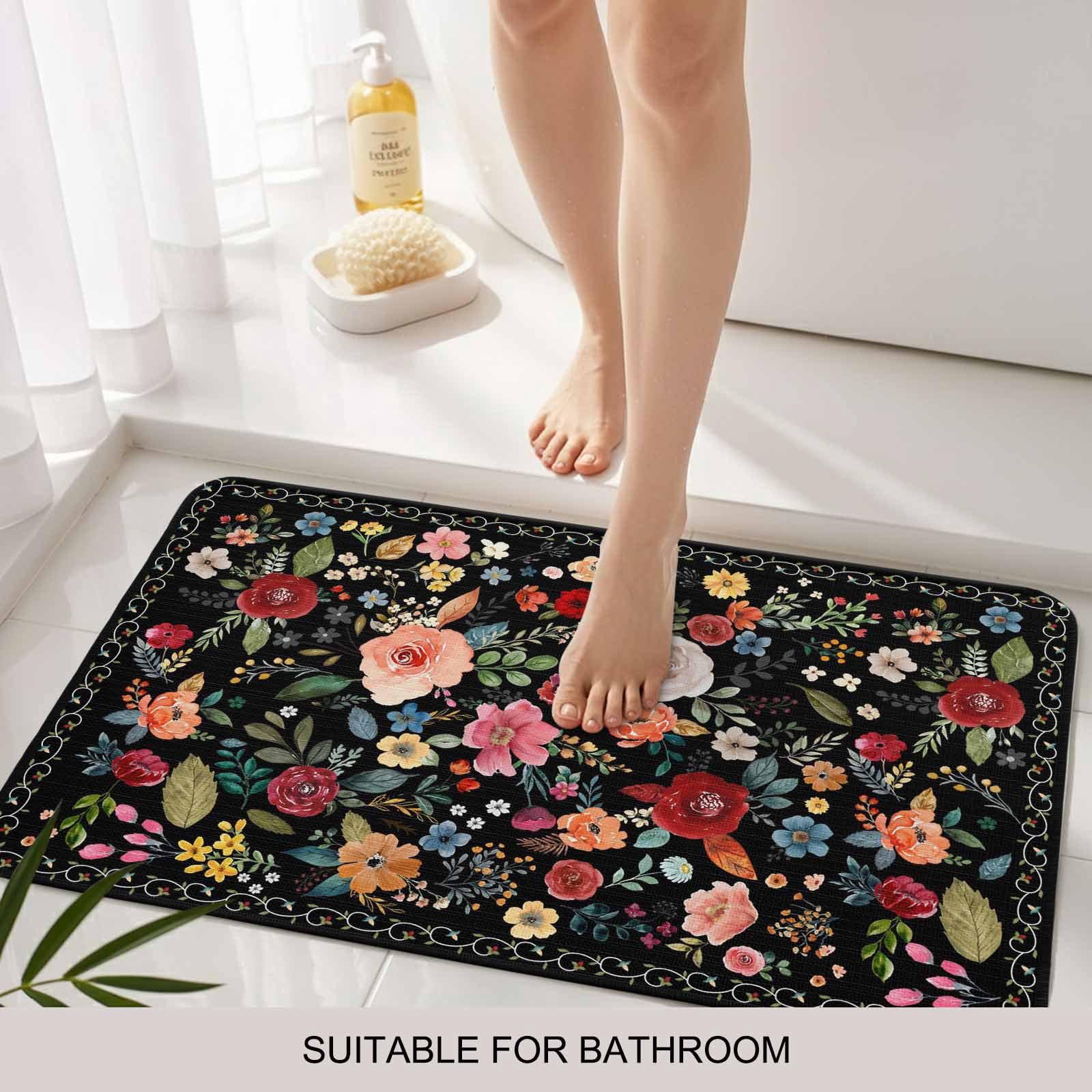 Watercolor Flowers Doormat Outdoor Entrance 18"x30", Farmhouse Floral Vintage Black Absorb Moisture Dirt Door Mats, Non-Slip Rubber Backing Floor Mats Indoor, Low-Profile Front Door Rugs
