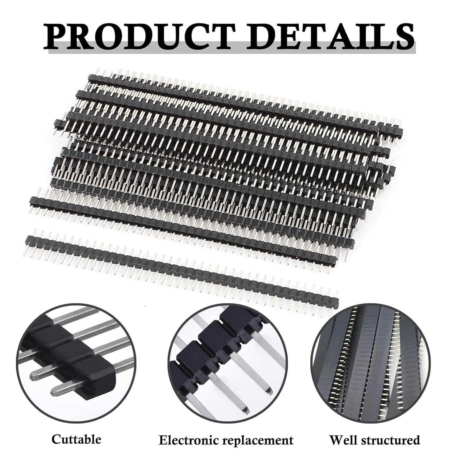 50Pcs Pin Headers, Single Row 2.54mm Breakaway PCB Board Header Pins Connector Male Header Kit for Arduino, Prototype Shield, and DIY Electronics