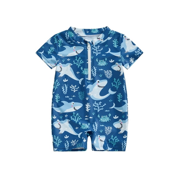 Bslissey Toddler Baby Boys One Piece Swimsuit Cartoon Animal Print Short Sleeve Zipper Bathing Suit Infant Casual Rash Guard Sunsuit Summer Swimwear 3M 6M 12M 2T 3T