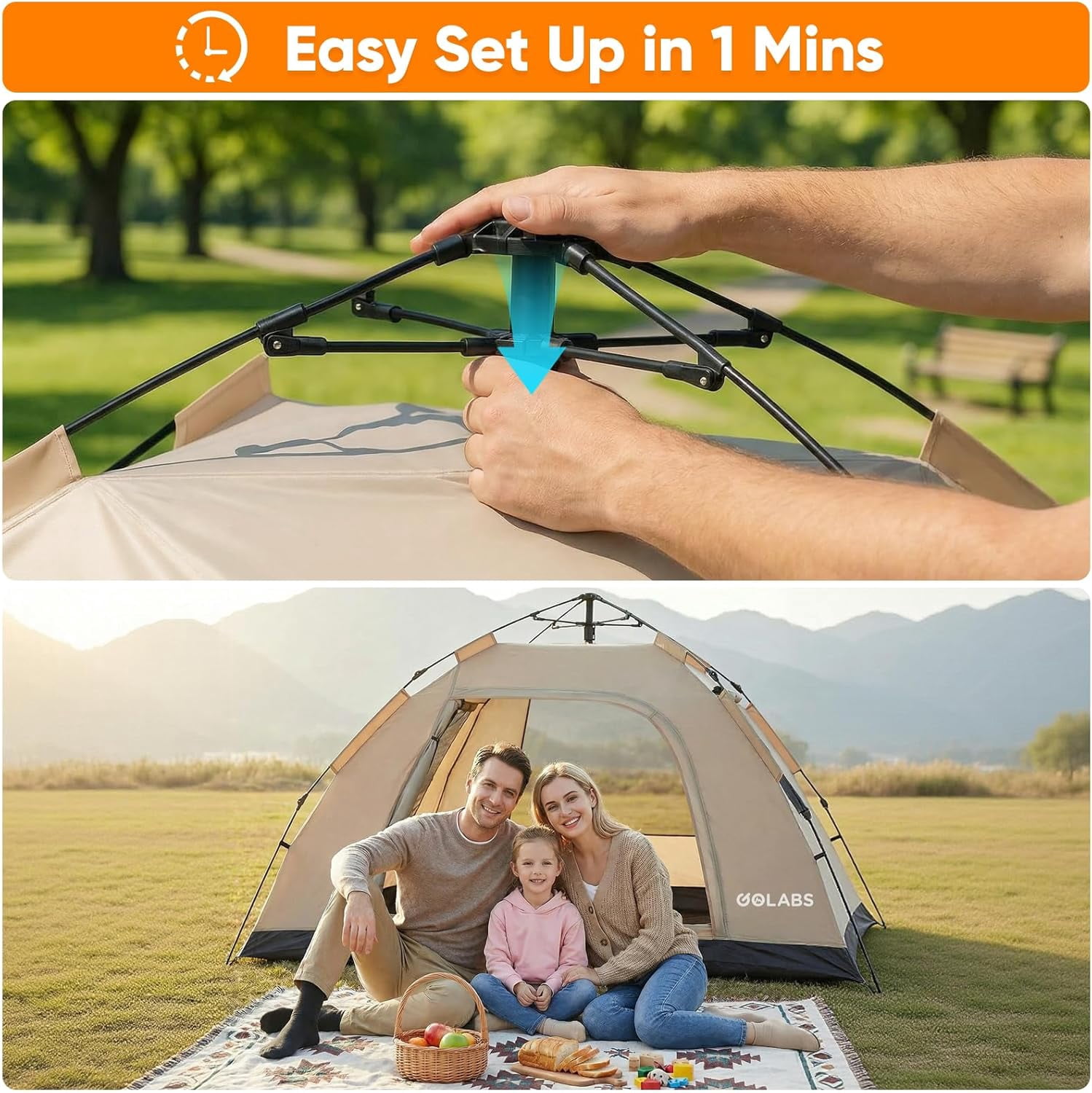Golabs CT3 2-Person Instant Camping Tent, 4.8lbs Lightweight, Portable, Easy 1-Minute Setup Pop-Up Tent for Outdoor, Khaki