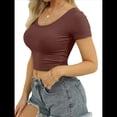 thumbnail image 1 of Camiseta Informal de Verano de Corta con Cuello en V para Mujer, de Punto Acanalado y Corte Ajustado. Marrón L, 1 of 6