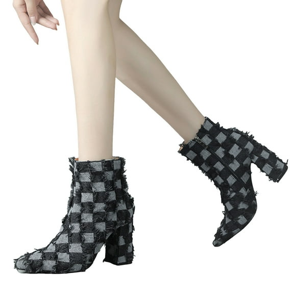 Ripped Denim Plaid Dress Boots for Women Fashion Retro Checkered Chunky High Heel Winter Fall Ankle Booties