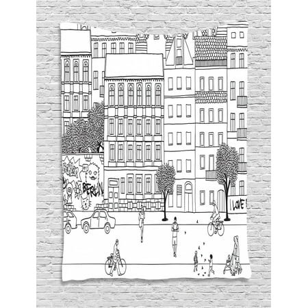 German Tapestry Monochrome Sketch Of Berlin Square Hand Drawn Urban Scene With People Image Wall Hanging For Bedroom Living Room Dorm Decor 40w X