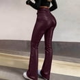 thumbnail image 6 of AHTJRT Leather Pants for Women Midweight Flare Bottoms with Pockets Metallic Retro Style Waterproof Motorcycle Full Length Trousers Wine XS, 6 of 8