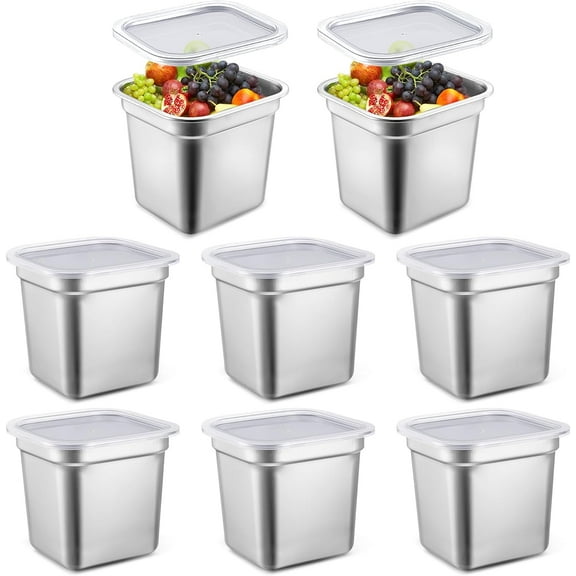 8 Pcs 1/6 Size Hotel Steam Table Pans with Lids, Stainless Steel Food Containers and PP Plastic Covers, Anti-clogging Steamer Pans for Buffet, Catering, Restaurant, and Food Prep(6" Deep)