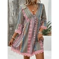 thumbnail image 4 of MORTTIC Women's Boho Print Mini Dress V-Neck 3/4 Sleeve Flowy Casual Summer Beach Sundress, XL, 4 of 6